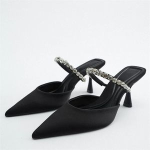 Schwarze Mules mit Strasssteinen und Absatz für Damen, elegante glitzernde Sandalen, Sommerhausschuhe für Damen, sexy High Heels, Slingbacks 240129