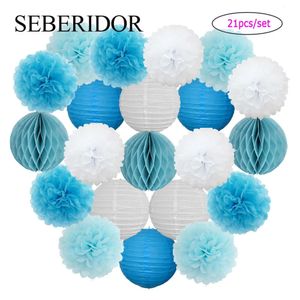 Baby Boy Baptism Party Favor Round Paper Ball Lantern Blue White Girl Birthday DIY Pompom Wedding Anniversary Decor Honeycomb 240127