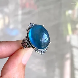 Klusterringar naturlig blå akvamarin kvarts oval justerbar ring 17 13mm stora kvinnliga män sällsynta smycken