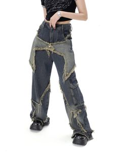 Women Star Stitching Tassel Pants American Retro High Street Jeans Loose Wide Leg Trendy Punk Y2K 240201