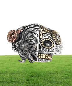 Punk Two Face Silver Jewelry Ring for Men 925 Sterling Silver Rose Skull Men Ring 7876156