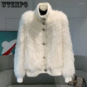 Damenjacken WTEMPO Langarm Stehkragen Faux Fuchs Pelzmantel Frauen Winter Herbst Streetwear Lose Mode Gespleißte Jacke Strickjacke