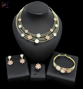 Yulaili Dubai Altın Takı Setleri Kadınlar İçin Parti Çiçek Şekli Kristal Kolye Küpe Bilezik Yüzük Düğün Gelin Mücevherleri8324442