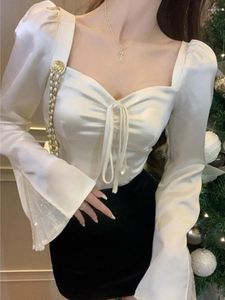 Женские блузки, винтажные белые рубашки, женская весенняя блузка с расклешенными рукавами, женский корейский модный укороченный топ, женский элегантный квадратный воротник на шнуровке