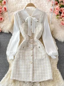 Women Two Piece Set Korean Fashion Bowtied Collar White Blouse and Spaghetti Strap Single Breasted Mini Tweed Dress Suits 240129