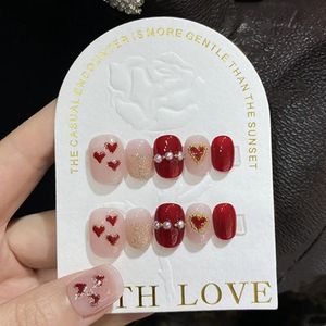 Handgjorda röda naglar Set Press On Short Korean Star Fake Nails With Lim Hand Paint Design Acrylic Full Cover Nail Tips for Girls 240129