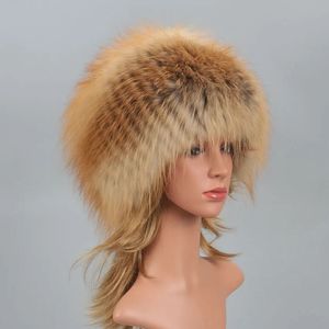 Real Fox Fur Pompom Bomber Chapéus de Inverno Russo Feminino Máscara de Esqui Natural Raccoon Fur Hat Malha Skullies Beanies Queda Womens Cap 240127