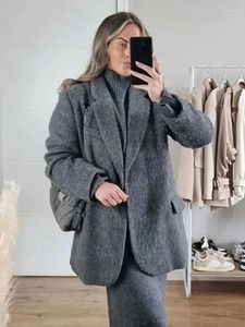 Giacche da donna Moda Colletto rovesciato Cappotto da abito medio lungo Donna 2024 Autunno Tinta unita Allentato Addensare Tweed Giacca semplice Donna