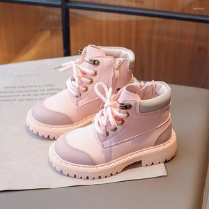 Botas rosa criança tornozelo para meninas meninos rendas até zip sapatos casuais 2024 outono criança couro macio antiderrapante sapato de montanhismo 26-37