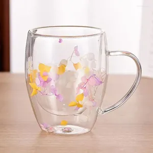 Tazze Tazza resistente al calore isolata per caffè a doppia parete in vetro antiscottatura da 350 ml con decorazione creativa di fiori secchi