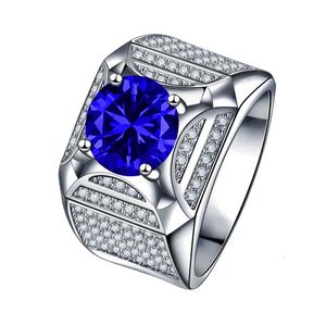 Solitaire masculino laboratório safira anel de diamante 925 prata esterlina noivado anéis de banda de casamento para homens festa de aniversário jóias 240130