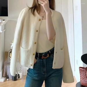 Women's Knits Elegant Knitted White Jacket Women Round Neck Autumn Winter Fuzzy Cardigan Woman 2024 Long Sleeve Sweater