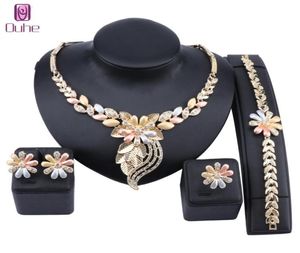 African Jewelry Set Flower Necklace Bracelet Dubai Gold Crystal Jewelry Set for Women Wedding Party Bridal Earrings Ring Set1853107