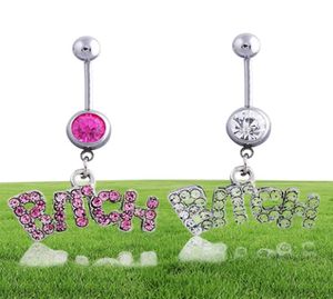 Sexy Bitch Clear Pink Crystal Body Piercing Button Belly Ring Navel Bar Body Jewellery Whole 7088848
