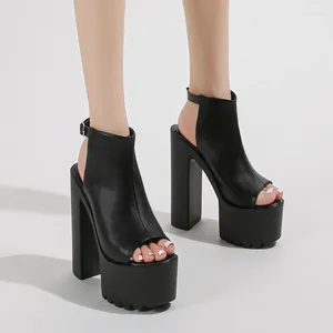 Sandals 14cm Block Heeled Black Platform High Heels Slingback Shoes Women Punk Open Toe Summer Sandalias De Mujer