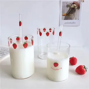 Water Bottles 300 ML Cute Strawberry Glass Cup High Borosilicate Milk Drinking Glasses With Straw Creative Student Glasss Bottle