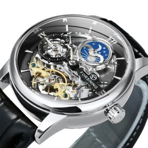 Zrezygnowanie z luksusowych szkieletowych zegarków mechanicznych dla mężczyzn podwójna strefa czasowa Tourbilliard Automatyczne zegarek oryginalny skórzany pasek księżycowy faza 240123