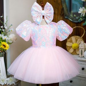 2024 vestidos rosa de lantejoulas de lantejoulas tutu flores tule meninas meninas casamento luxuoso baby frist sagrada comunhão vestidos de vestidos com festa de aniversário arco