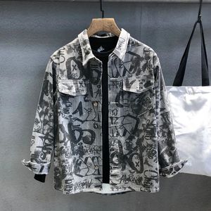 メンズデニムジャケットロングシャツワイド肩ファッション男性ジャンコートスリーブ韓国衣服lxuryプリントビンテージカウボーイ240202