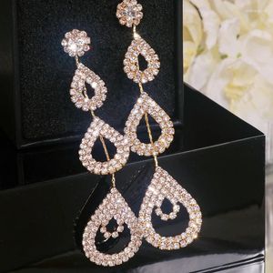 Dangle Earrings Luxury Shiny Rhinestone Long Drop For Women Bijoux Geometric Hollow Out Crystal Bridal Wedding Jewelry Gifts