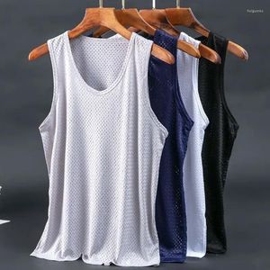 Regatas masculinas verão malha respirável colete fino o pescoço legal magro undershirt secagem rápida oco sem mangas fitness casual esporte