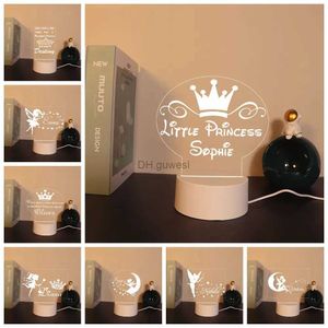 Luzes da noite dos desenhos animados princesa nome personalizado 7 cores led night light lâmpada de cabeceira para crianças decoração conto de fadas aniversário yq240207