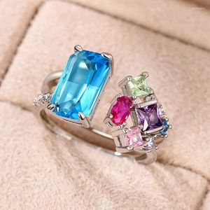 Cluster Rings Huitan Rainbow Colored Cubic Zirconia Opening For Women Bright Geometric Stones Fashion Cocktail Party Girls Jewelry