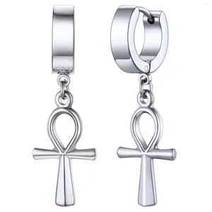 Ohrhänger Huggie Hoop für Damen, Edelstahl/18 Karat vergoldet, baumelnder Tropfenohrring, Ankh/Kreuz/Vorhängeschloss/italienisches Horn/Auge/Schlüssel