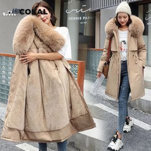 Jaqueta de inverno casaco longo lã forrado com capuz jaqueta de pele 2023 feminino gola grande grosso quente neve acolchoado casaco oversized 240125