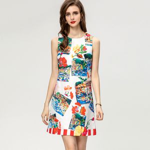 Women's Runway Dresses O Neck Sleeveless Printed Sequined Dobby Fashion Designer Mini Vestidos