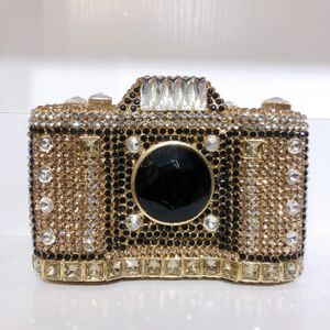 Gold Metal Camera Rhinestone Evenstone Bag luksusowe kobiety Crystal Crystal PRUCHE Lady Diamond Wedding Party torebki ramię 240125