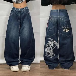 Herren Jeans Vintage High Waist Denim Hose Korean Fashion Y2K Hip Hop Street Big Pocket Classic Death Print Baggy Wide Leg