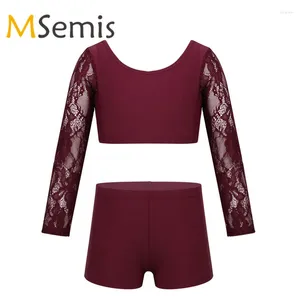 Scene Wear Kids Girls Gymnastic Swimsuit Ballet Crop Top med Dance Shorts Set Two-Piece Dancewear Outfit Lace Tops for Performance