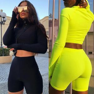 Roupas de yoga sexy mulheres 2 pçs conjunto sólido manga longa colheita topos camiseta estiramento shorts fitness leggings ginásio atlético terno