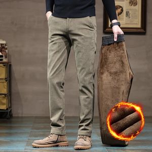 Winter Fleece Warm Corduroy Pants Men Business Fashion Slim Fit Stretch Thicken Gray Khaki Fluff Casual Trousers Male 240123