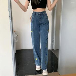 Kvinnors jeansbyxor rakt ben med hjärtan hög midja broderade kvinnors blå byxor för kvinnor fickor japanska y2k coolt kontor