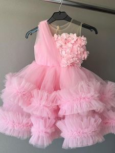 Kwiaty 3D różowe sukienki z kwiatami dziewczyny kryształy szyi małe sukienki ślubne małe dziewczynki sukienki z komunię