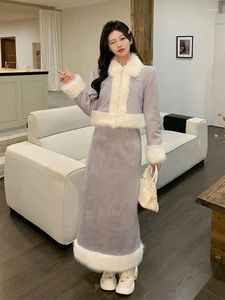 Two Piece Dress Taro Purple Autunm And Winter Plus Size Women's Suit Coat Fashionable Quilted Fur Collar Layered Lazy Jacket Cardigan Skirt