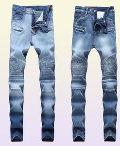 Men039S veckade Biker Jeans Pants Slim Fit Brand Designer Motocycle Denim Trousers For Man Straight Washed Multi Zipper X06212465411