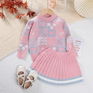 Комплекты одежды осень-зима детский вязаный комплект милый свитер для девочек топ с геометрическим принтом полосатая плиссированная юбка из двух предметов