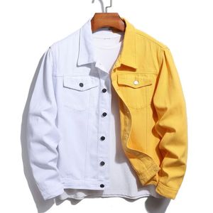 Herr svartröda gul vit skarvad denimjacka streetwear lösa jean kappa lapptäcke ytterkläder 240124
