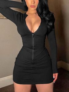 Women Zipper Vneck Long Sleeve Mini Dress Bodycon Sexy Streetwear Party Club Y2K Clothes Sportswear Autumn Winter Outfit 240119