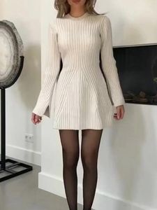 Casual Dresses Women Y2k Knit Ribbed Sweater Elegant A Line Mini Solid Color Long Sleeve