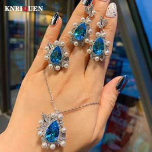 Luxur Pearl Aquamarine Necklace Pendant Ringörhängen Charms Womens Wedding Party Fine Jewelry Set Romantic Gift for Female 240119