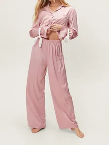 Women's Sleepwear Spring Loungewear Set Satin Bow Decor Long Sleeve Lapel Button Shirt With Elastic Waist Pants 2 Pieces
