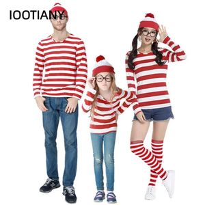 S-XXL Eltern-Kind-Cartoon Wo ist Wally Waldo Kostüm Waldo Book Week Cosplay Outfit Streifenhemd Hut Brillenset 240131
