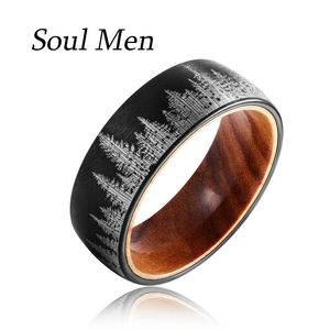 Anéis para homens modelos anel de aço de tungstênio 8mm padrão de floresta a laser com madeira maciça interior preto aço 2 cores 240125