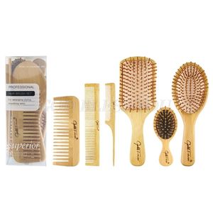 6Pcs Wood Combs Set Healthy Paddle Scalp Hairbrush Bamboo Cushion Head Massage Brush Hair Care Drop 240117