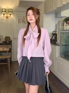 Blusas femininas gagaok mulheres coreano chique escritório senhora ocidental versátil laço solto casual manga comprida cor sólida camisa curta