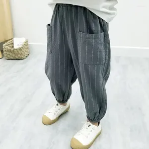 Trousers 2024 Boys Clothing Summer Loose Striped Printed Kids Cotton Flax Fashion Casual Spliced Pocket Elastic Waist Harlan Pants